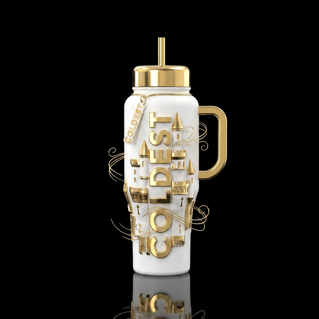 The word Coldest built into a castle with the wind... water bottle design