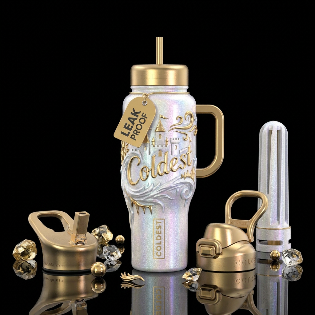 The word Coldest built into a castle with the wind... water bottle design