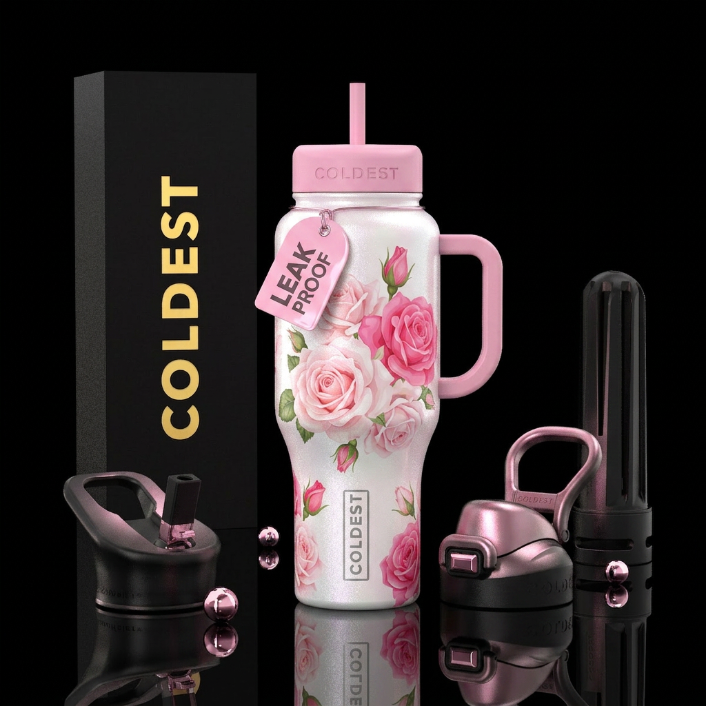 White shimmery bottle, light pink & pink roses, sh... water bottle design