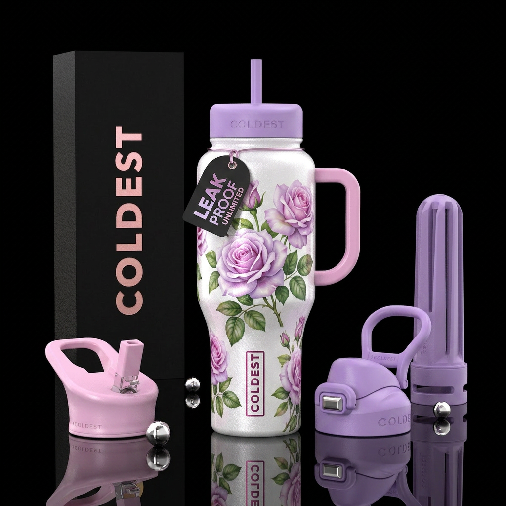 White shimmery bottle, light purple & pink roses, ... water bottle design