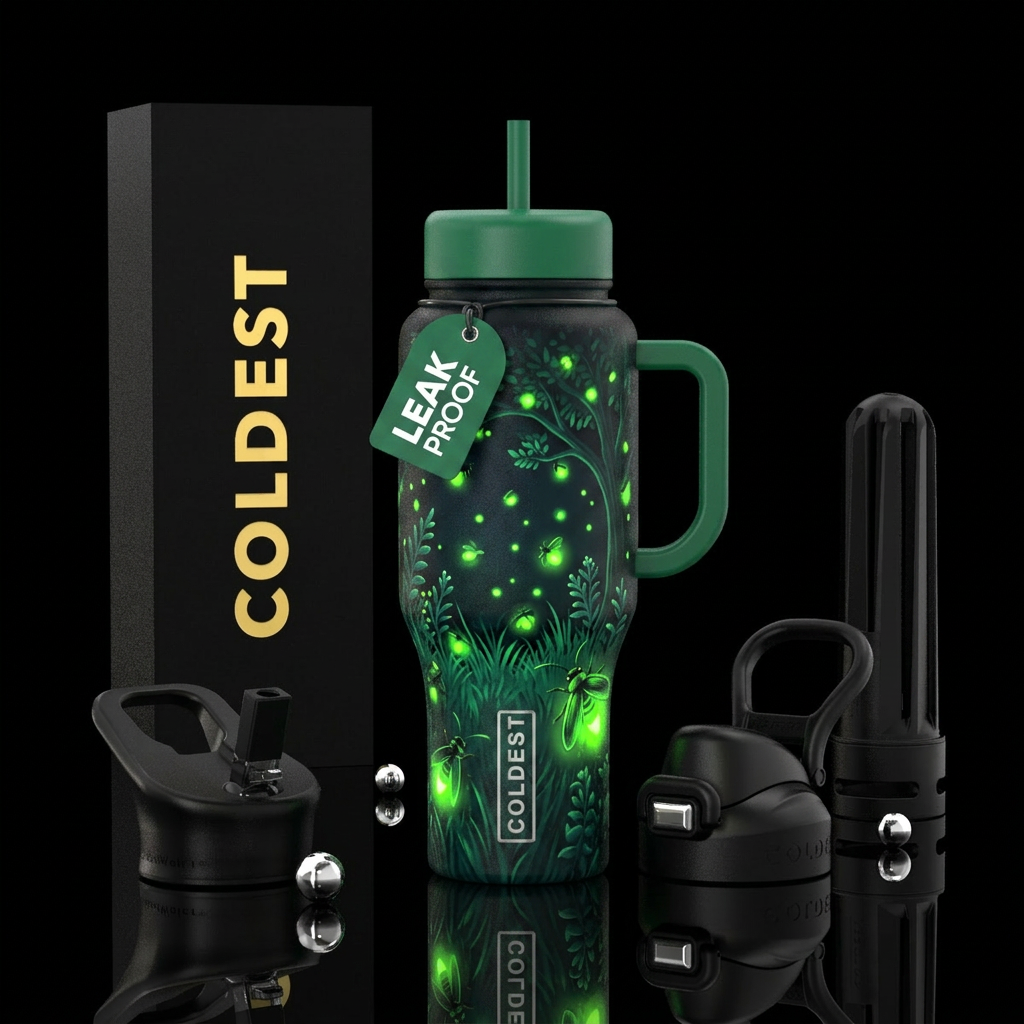 Dark bottle, emerald green tall grass, plants & tr... water bottle design