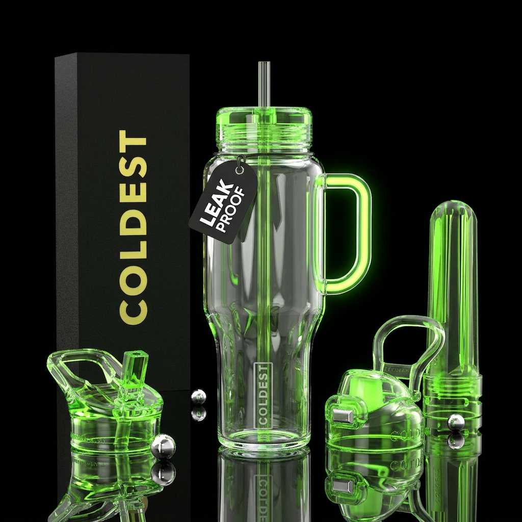 Hints of neon green, glass, shiny water bottle design