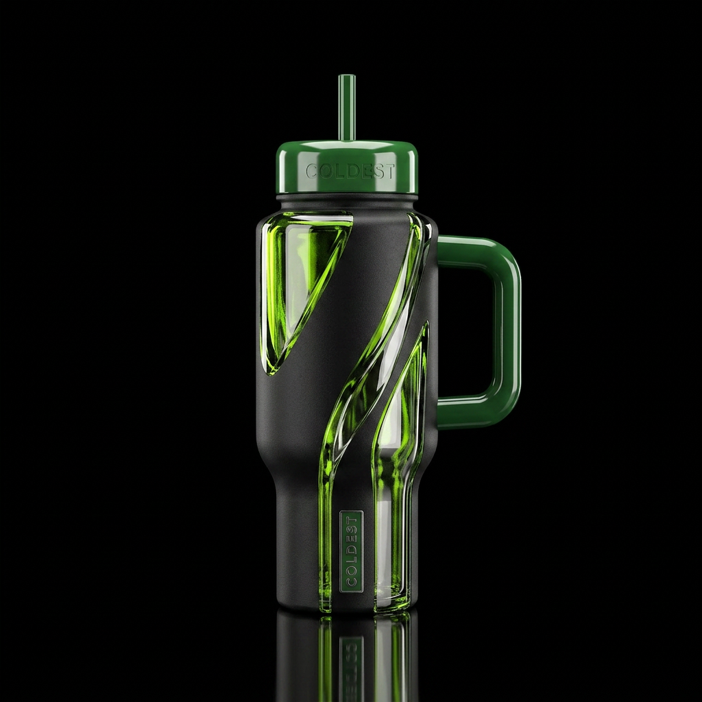 Hints of neon green, glass, shiny water bottle design