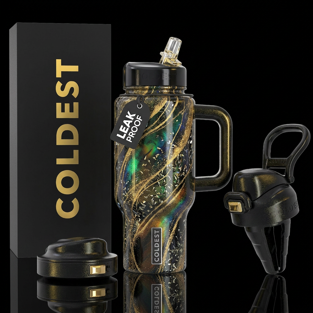 Hints of gold, glass, shiny water bottle design