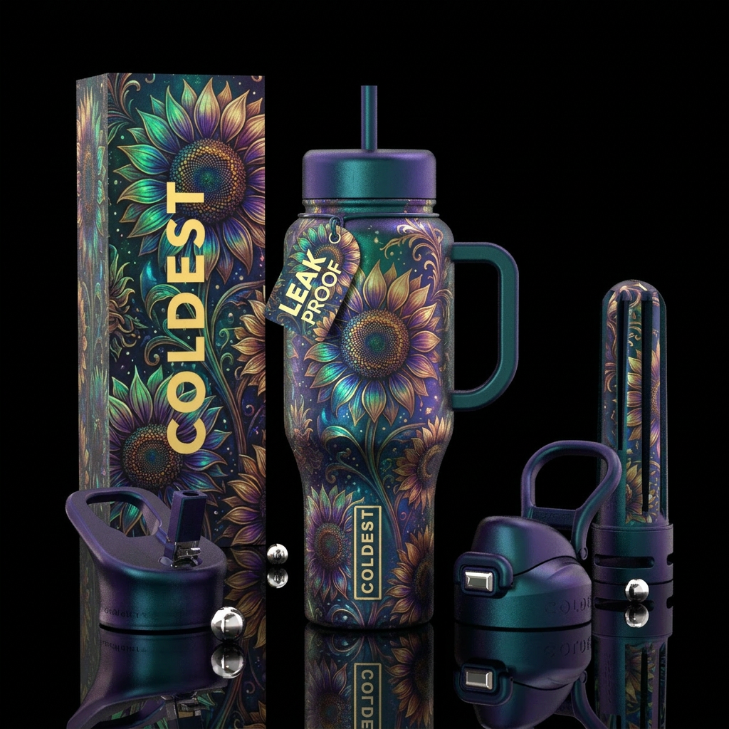 Chromatic, sunflower, fantasy, magical, whimsical,... water bottle design