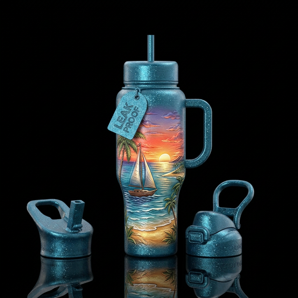 Sea color glimmery leather, beach, sailboat,  suns... water bottle design
