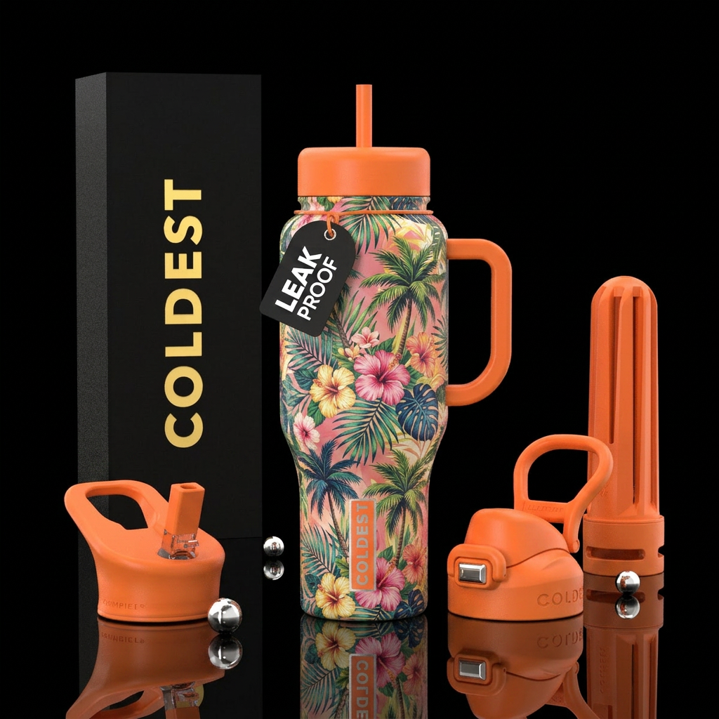 Tropical palm trees, hibiscus flowers, palm leaves... water bottle design