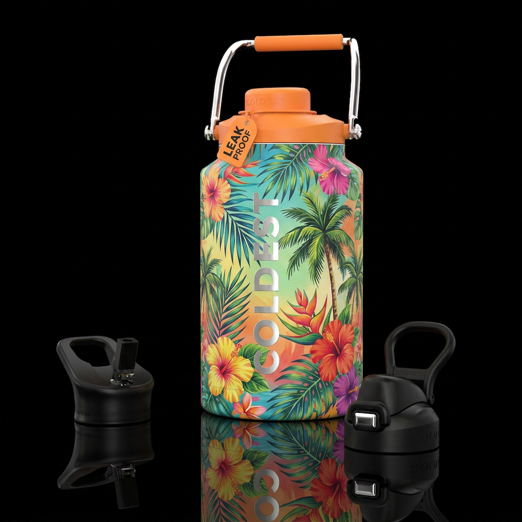 Tropical palm trees, hibiscus flowers, palm leaves... water bottle design