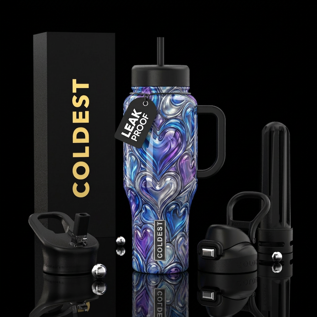 Glass heart marble,  blue, purple & silver water bottle design