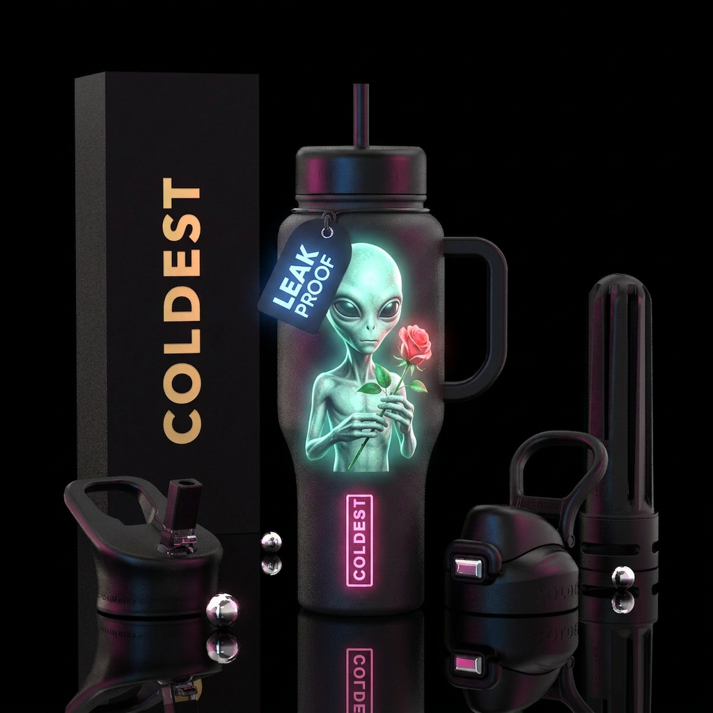 Alien holding a rose, Glow in the dark, shiny, rea... water bottle design