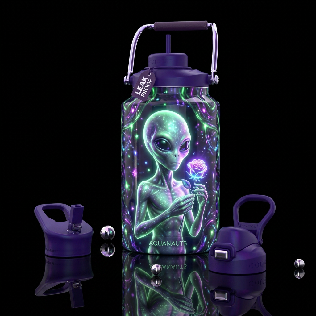Alien holding a rose, Glow in the dark, shiny, rea... water bottle design