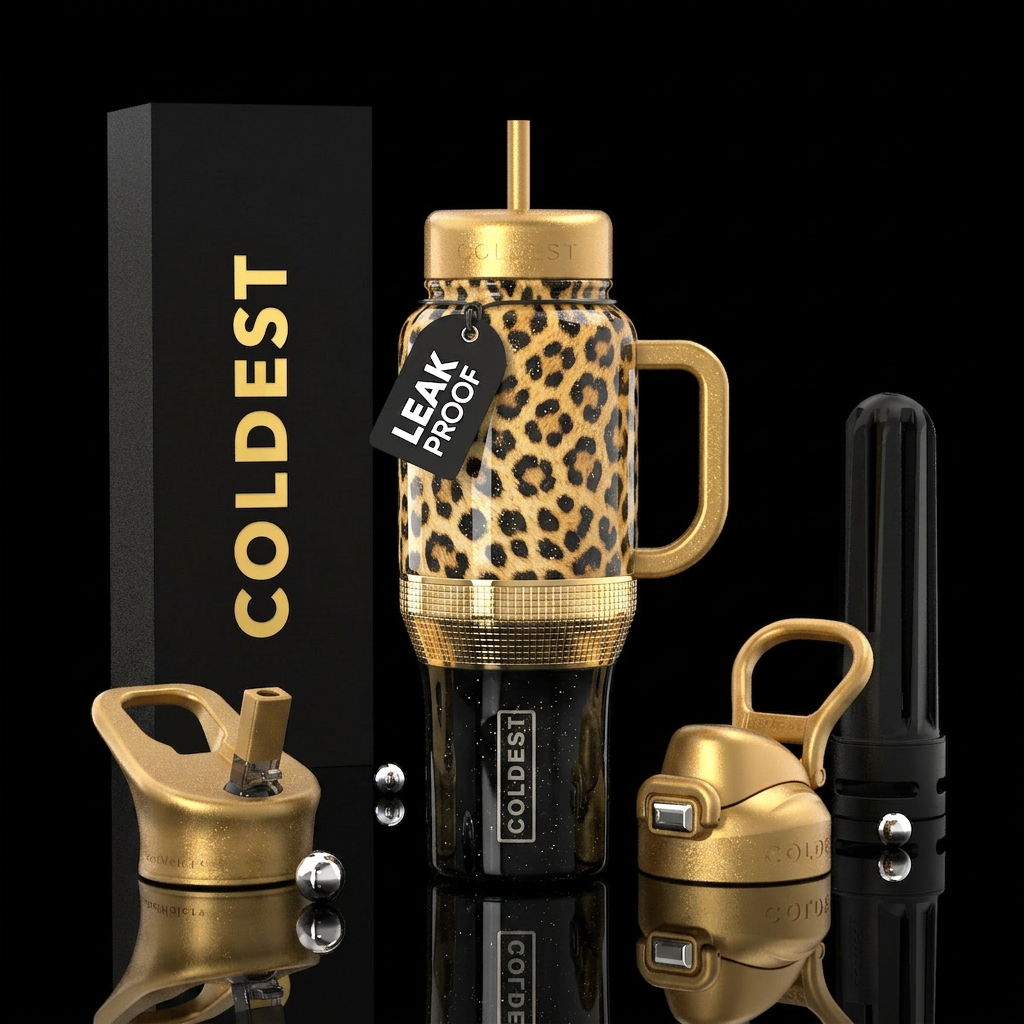 Leopard skin half of the bottle followed by gold l... water bottle design