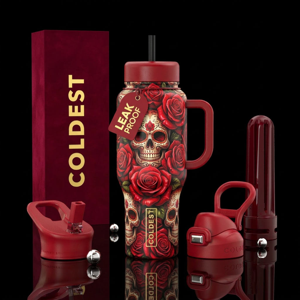 Red roses skulls, vibrant, bright, realistic,  shi... water bottle design