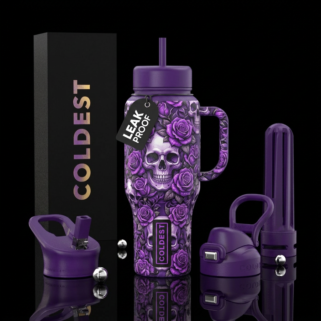 Purple roses skulls, vibrant, bright, realistic,  ... water bottle design