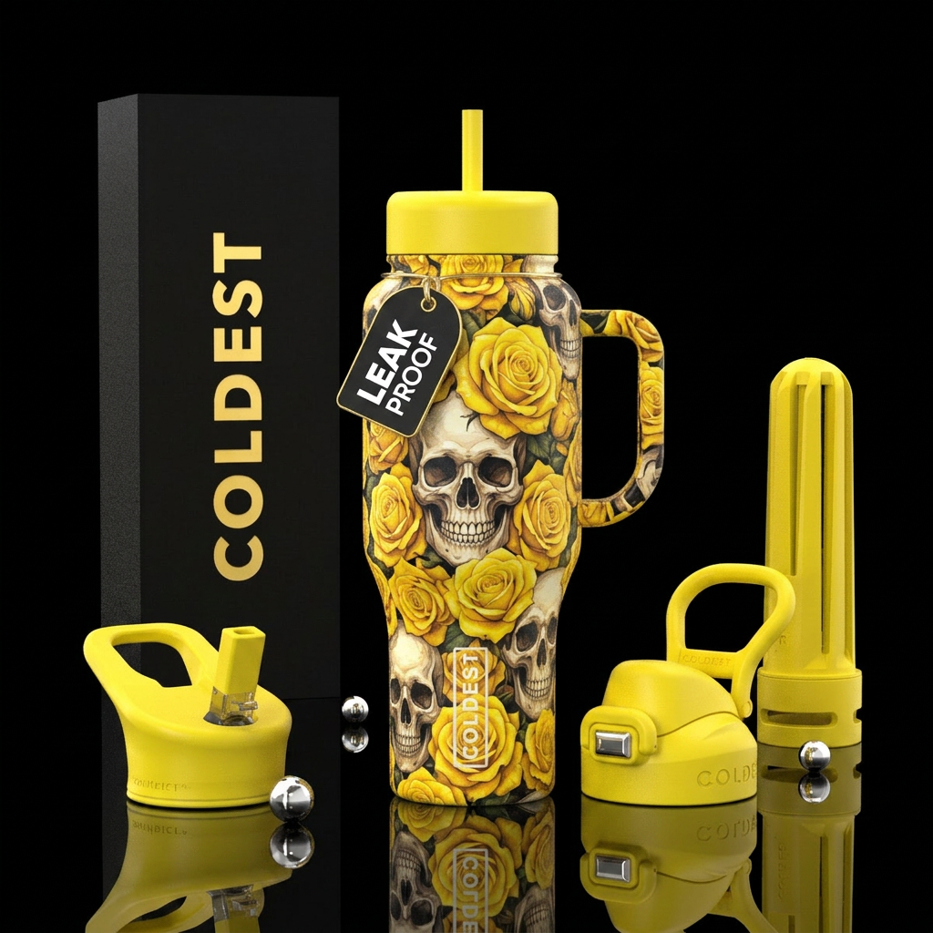 Yellow roses skulls, vibrant, bright, realistic,  ... water bottle design