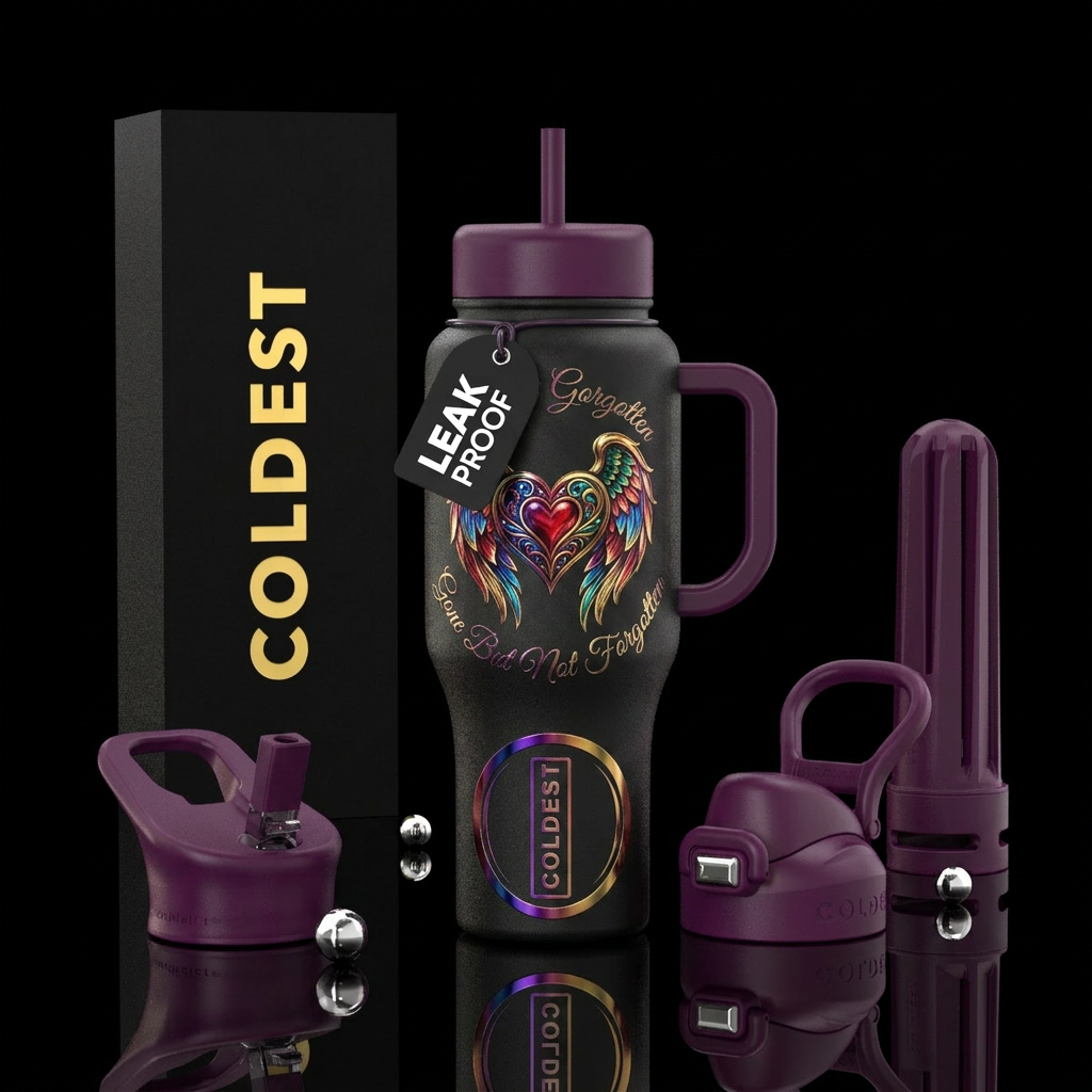 Heart with Angel wings, words around it, shiny, vi... water bottle design