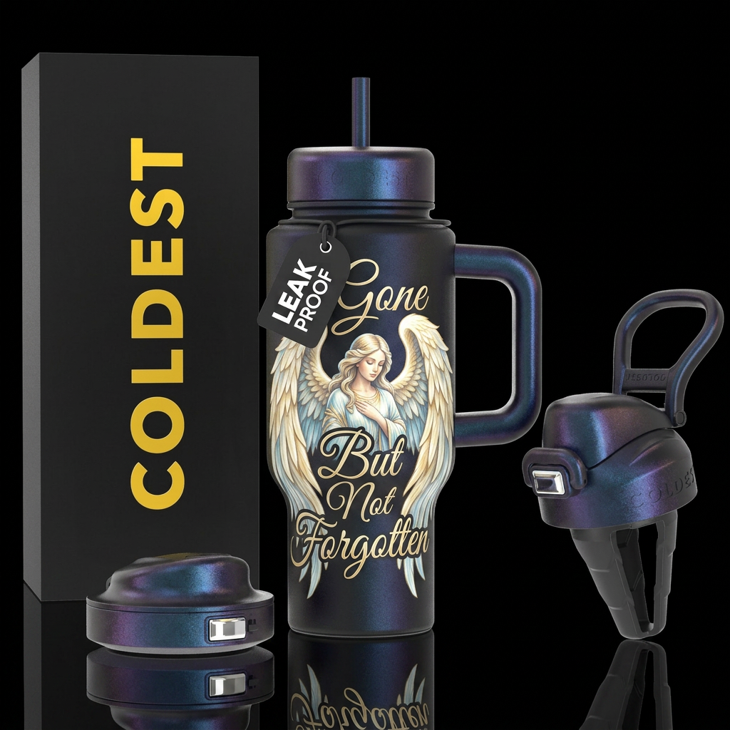 A angel with Angel wings, words around it, shiny, ... water bottle design