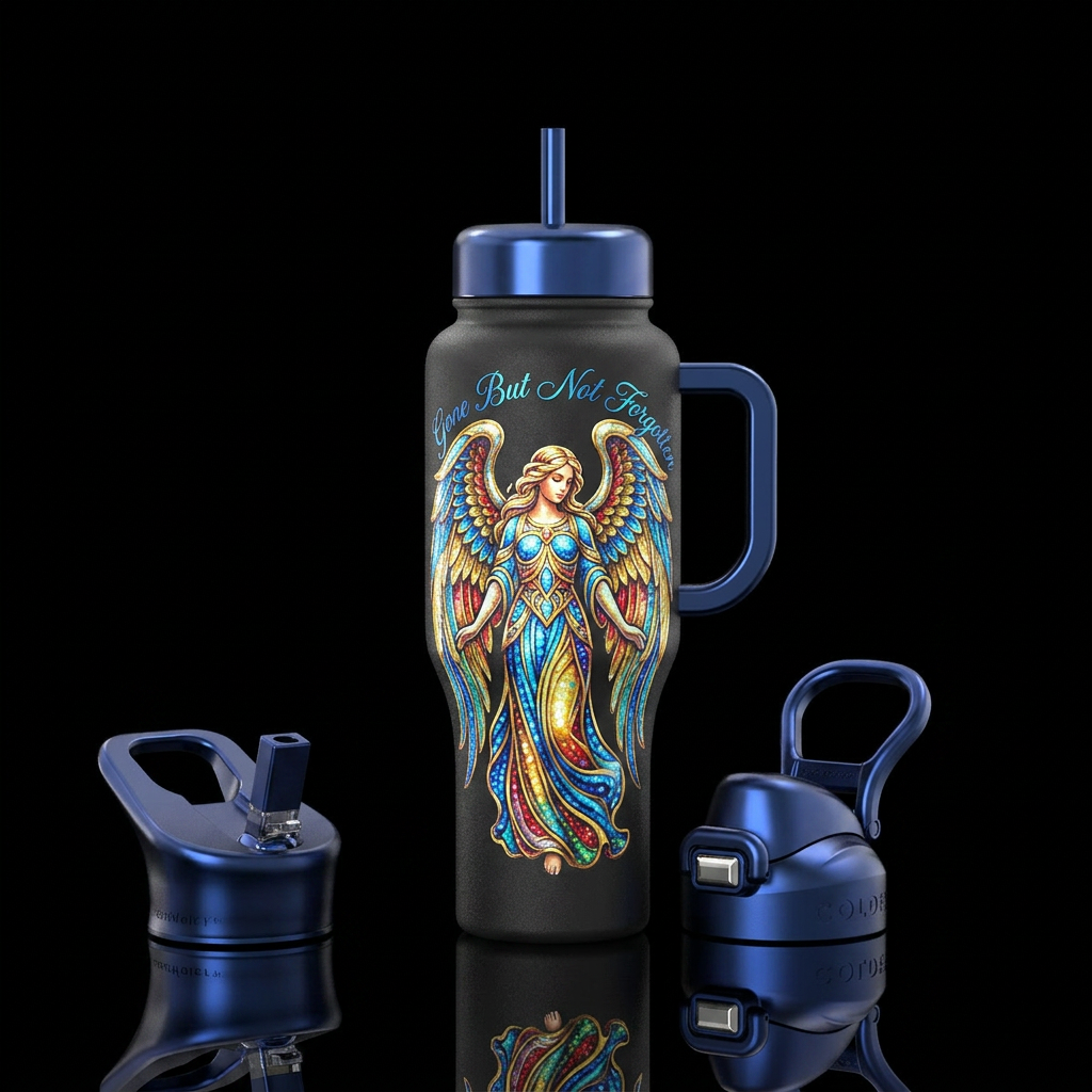 A angel with Angel wings, words around it, shiny, ... water bottle design
