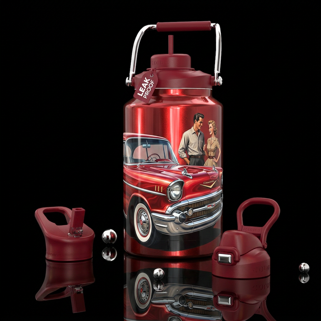 57 chevy w/ a couple standing next to it,, vibrant... water bottle design