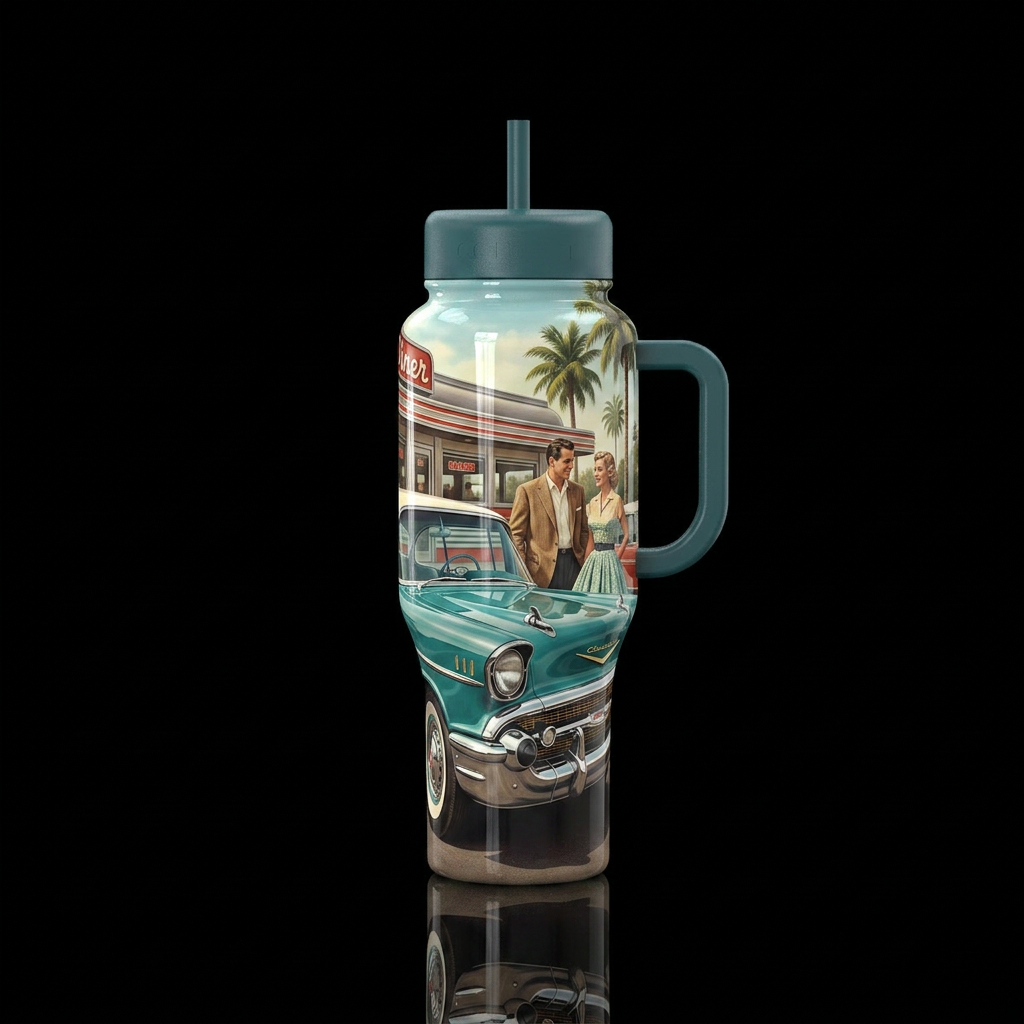 57 chevy w/ a couple standing next to it,, vibrant... water bottle design