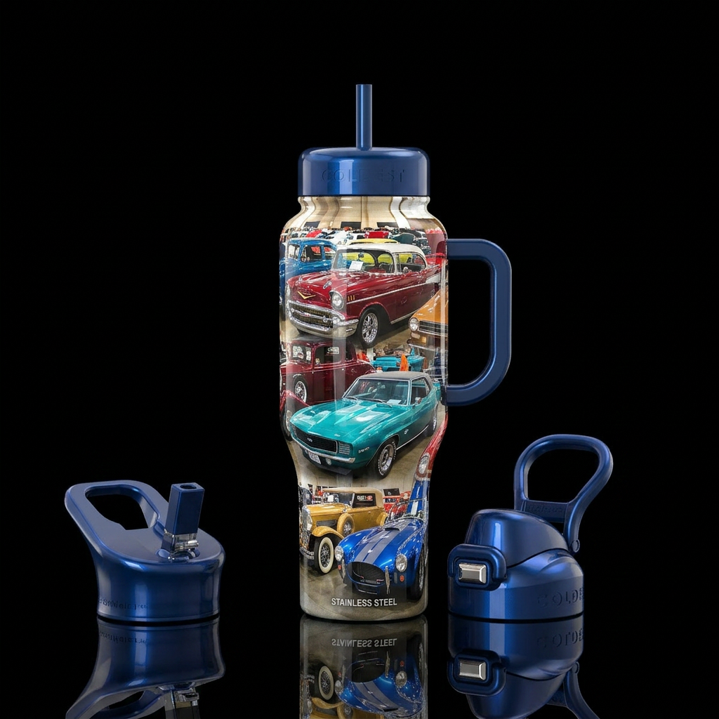 Classic car show,, vibrant,  shiny,  realistic,  N... water bottle design