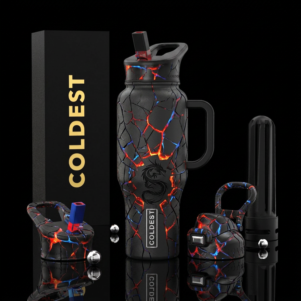 Black dragon, red and blue accents, fiery, cracked... water bottle design