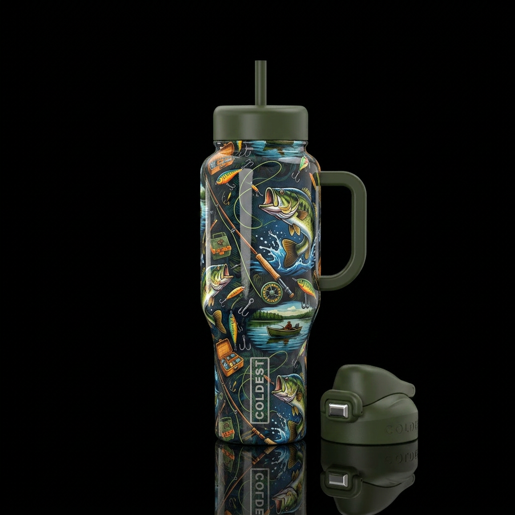 All about fishing, shiny, realistic water bottle design