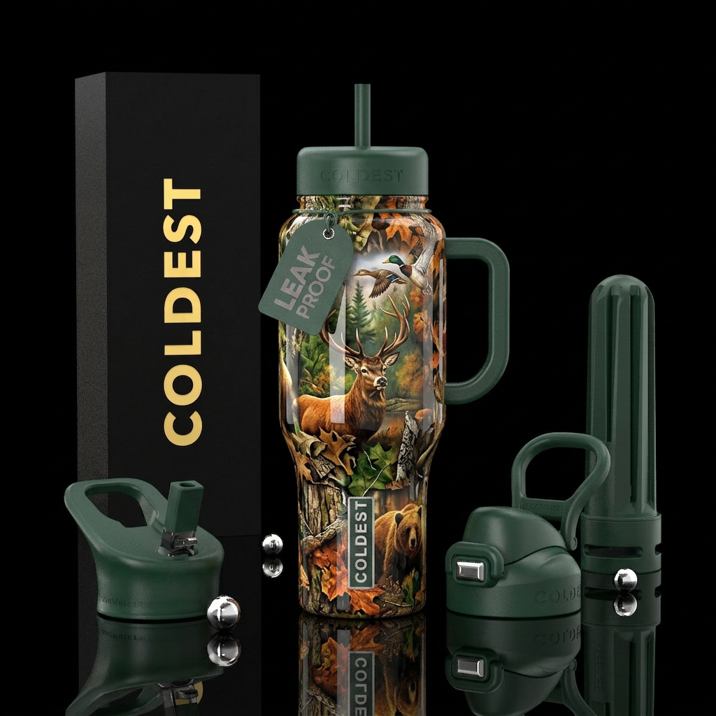 Hunting, shiny, realistic water bottle design