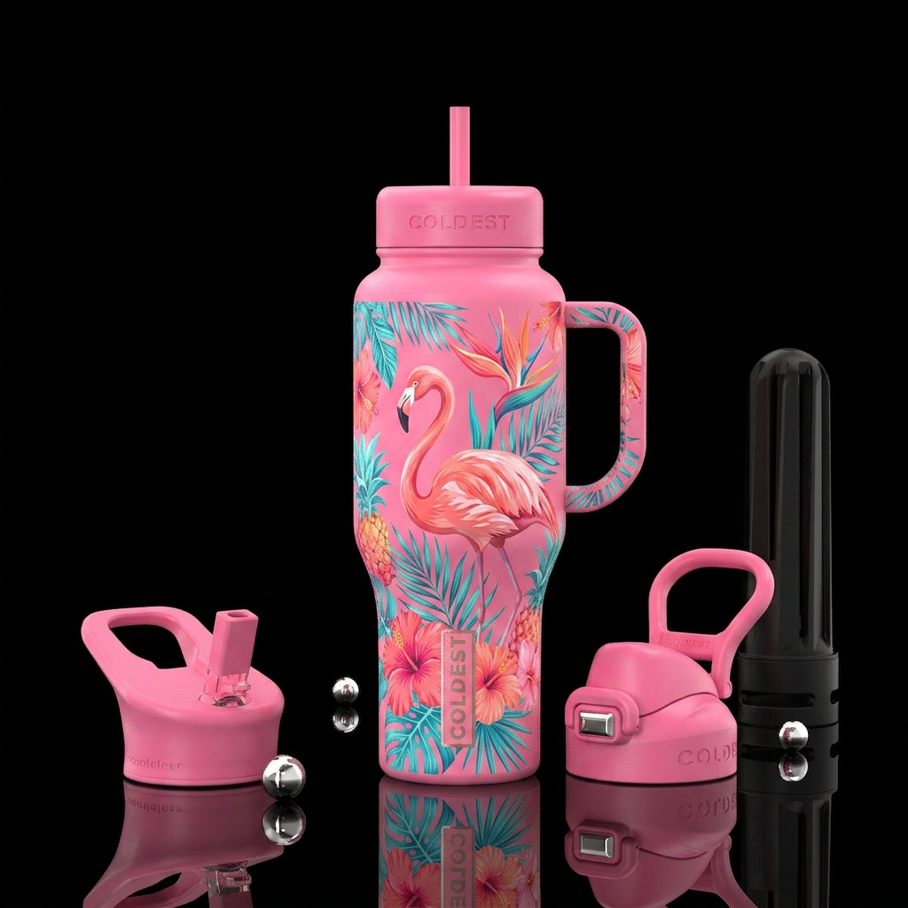 tropical flowers, flamingo, summer, pink water bottle design
