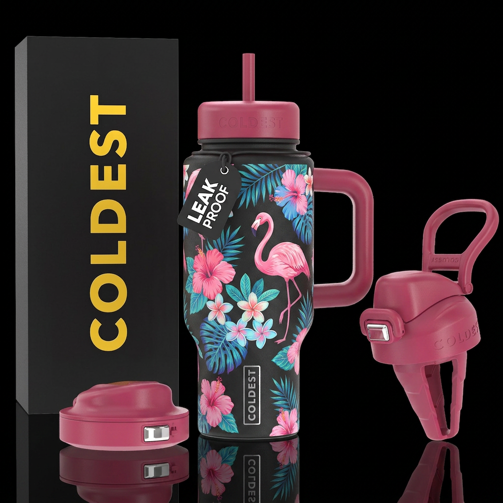 tropical flowers, flamingo, summer, pink water bottle design