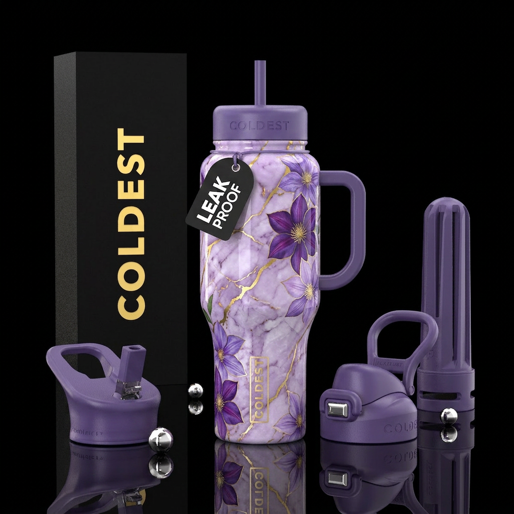 Lavender marble with gold lining & clamatis flower... water bottle design