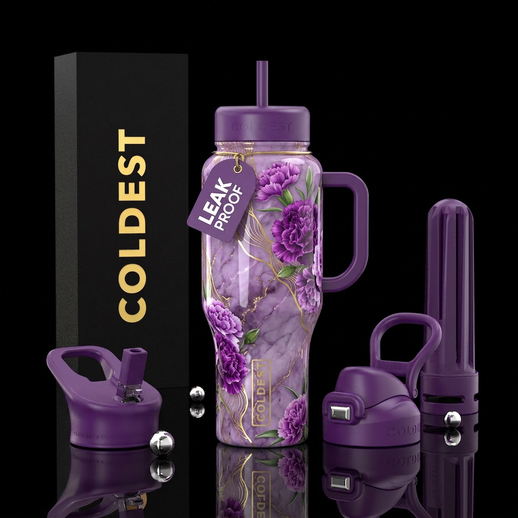 Purple marble with gold lining & carnation flowers... water bottle design