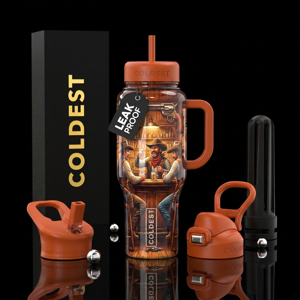 Cowboys in a bar, shiny, guns water bottle design