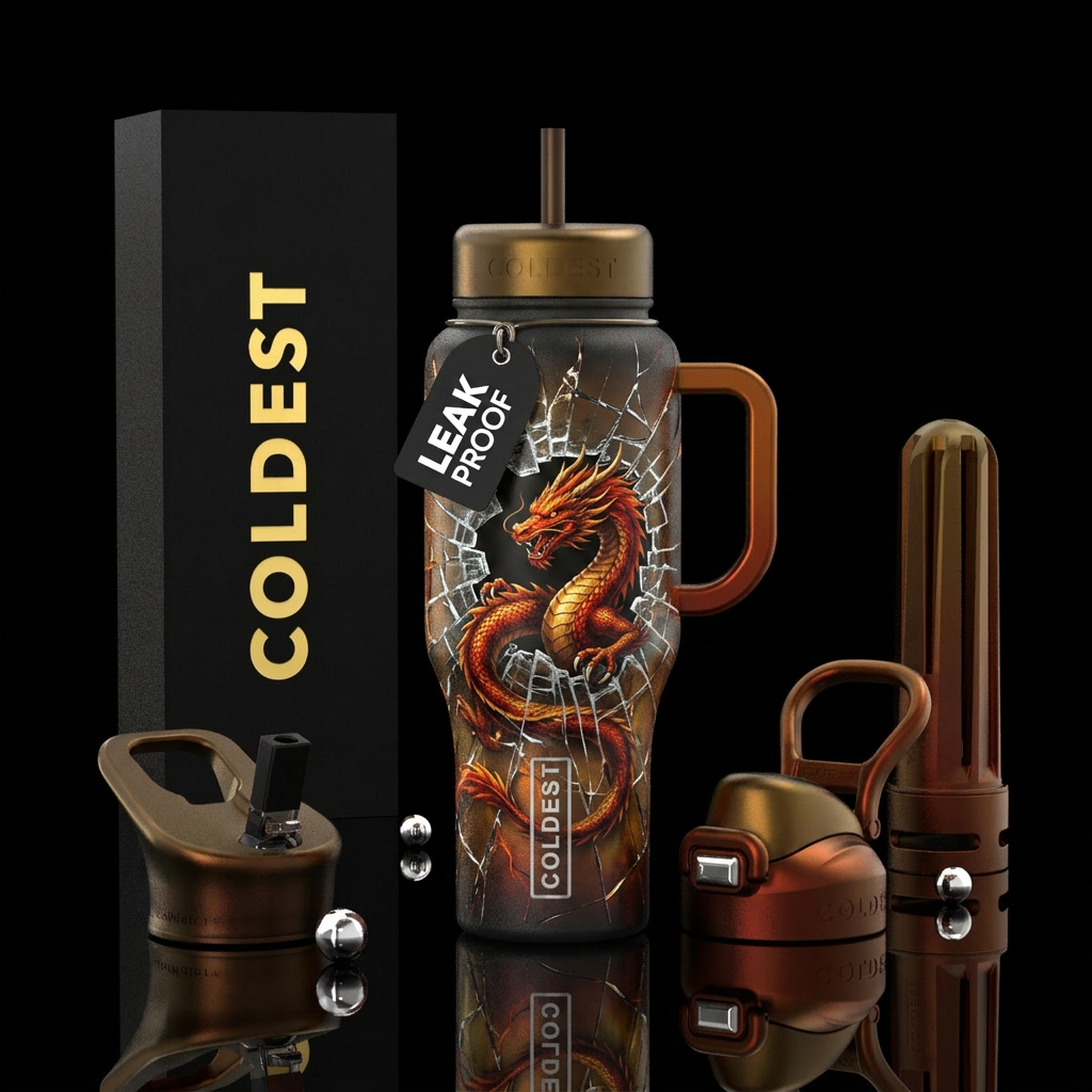 Dragon, hole, cracked glass. water bottle design
