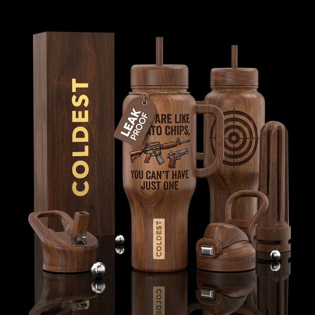 Brown stained wooden bottle with the words Guns Ar... water bottle design