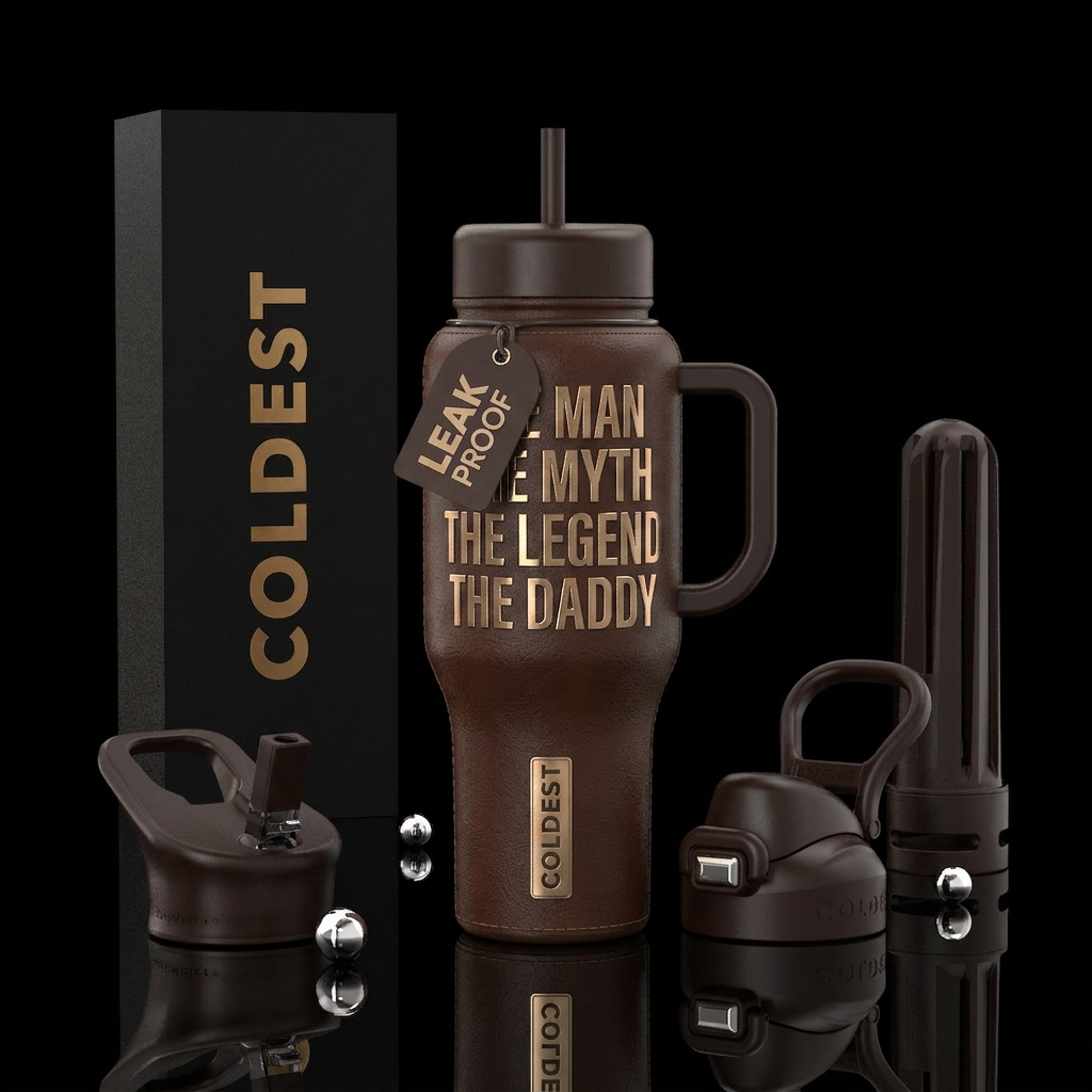 Brown leather with black, words say The Man, The M... water bottle design