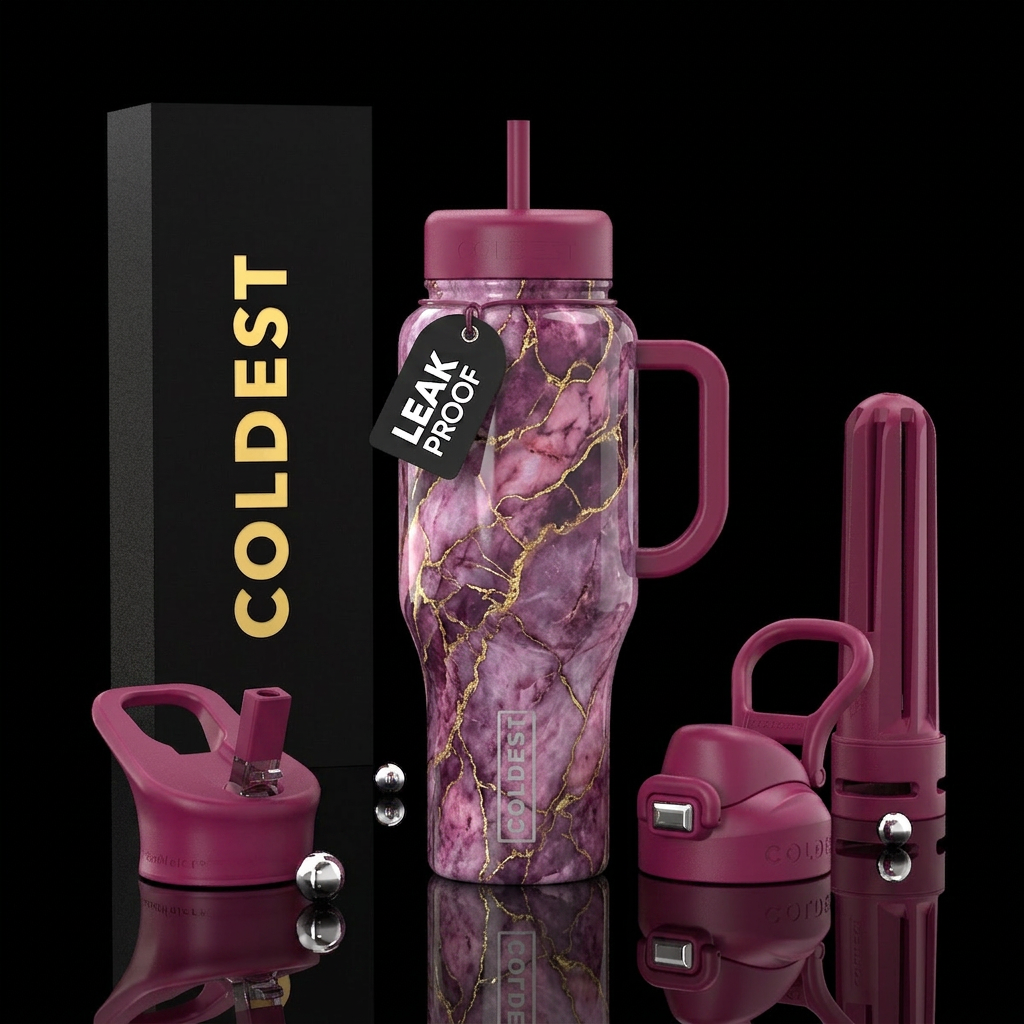 Purple, pink marble with gold lining water bottle design