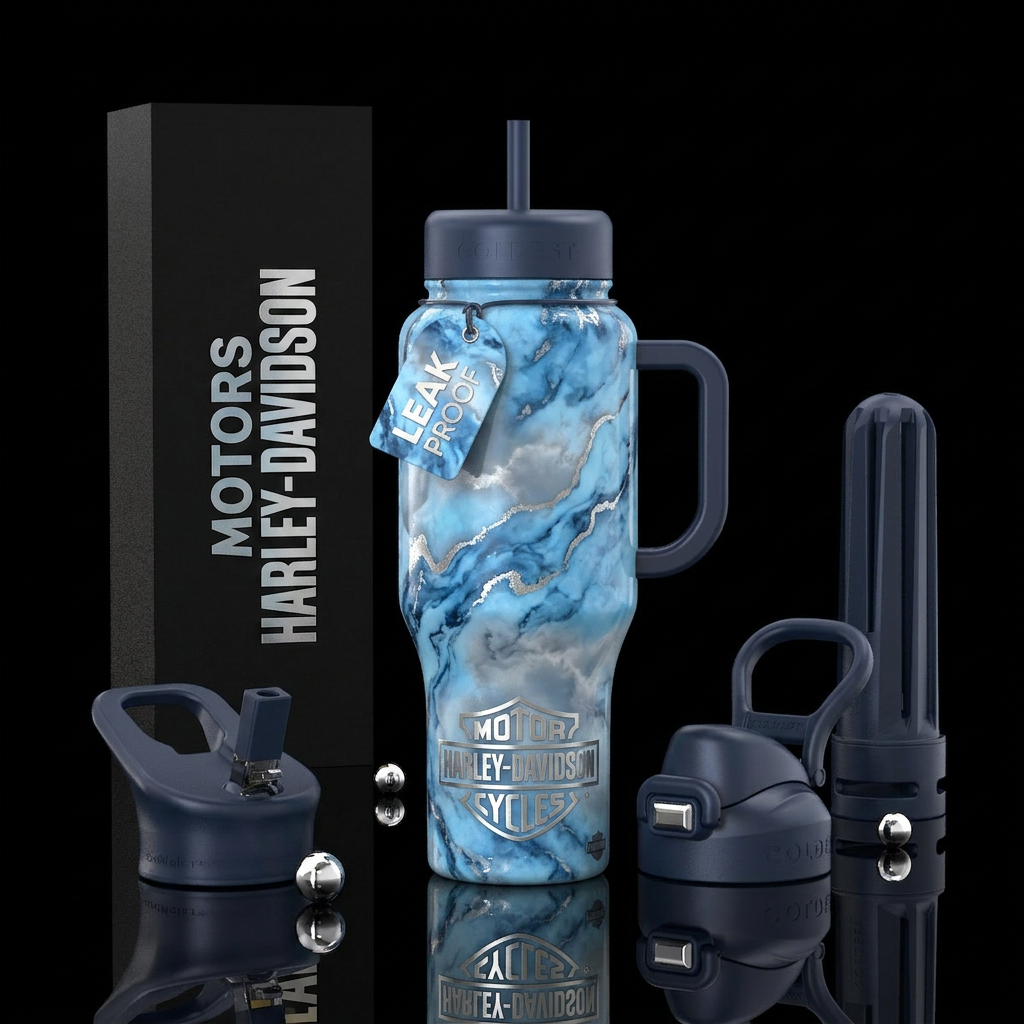Light blue, dark blue marble withsilver lining  li... water bottle design