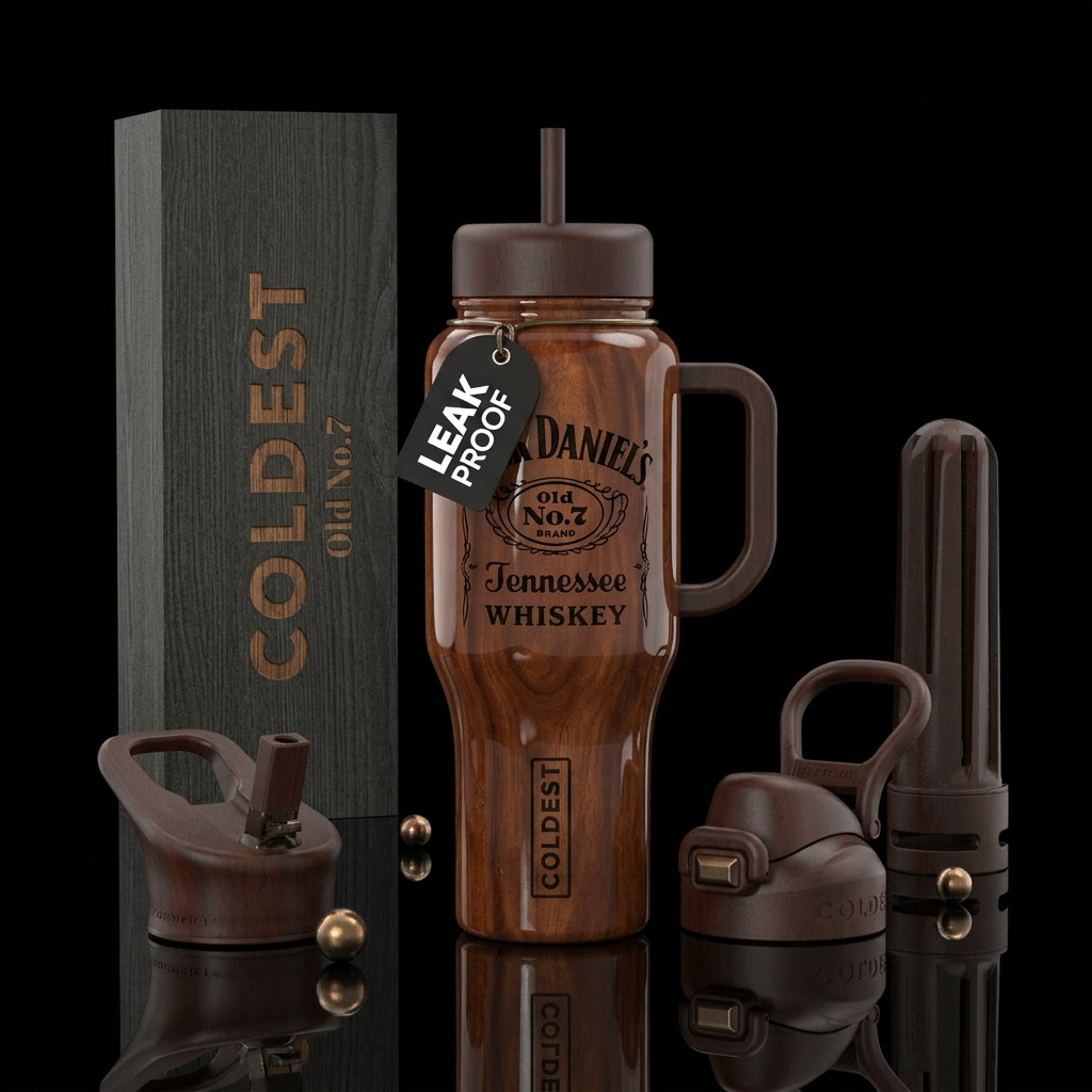 Shiny glass wood stained bottle, Words Jack Daniel... water bottle design