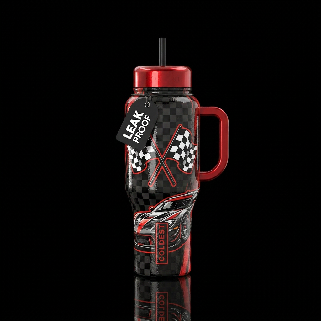 Black checkers racing bottle with a race car in ba... water bottle design