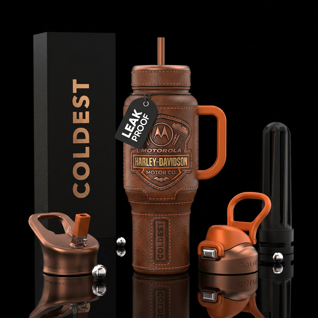 Brown leather,  Motorola Harley Davidson water bottle design