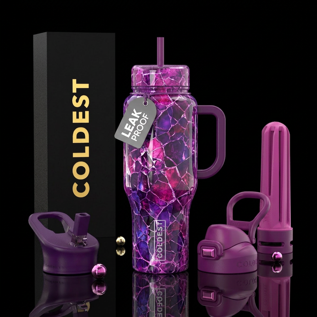Rich bright purple & pink cracked glass marble,  v... water bottle design