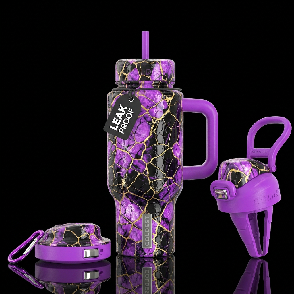bright purple & black gold lining, cracked glass m... water bottle design