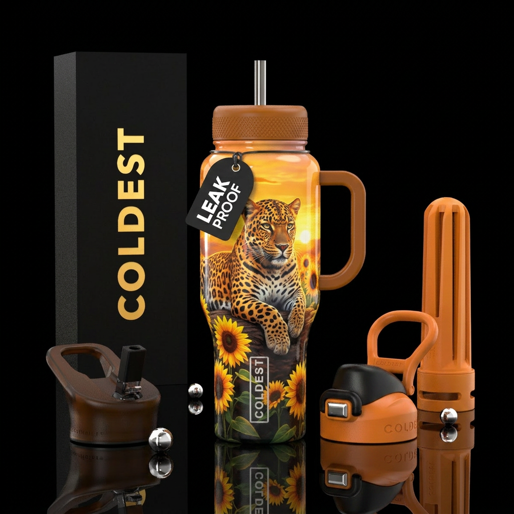 A Leopard sunset background w/ sunflowers, shiny, ... water bottle design