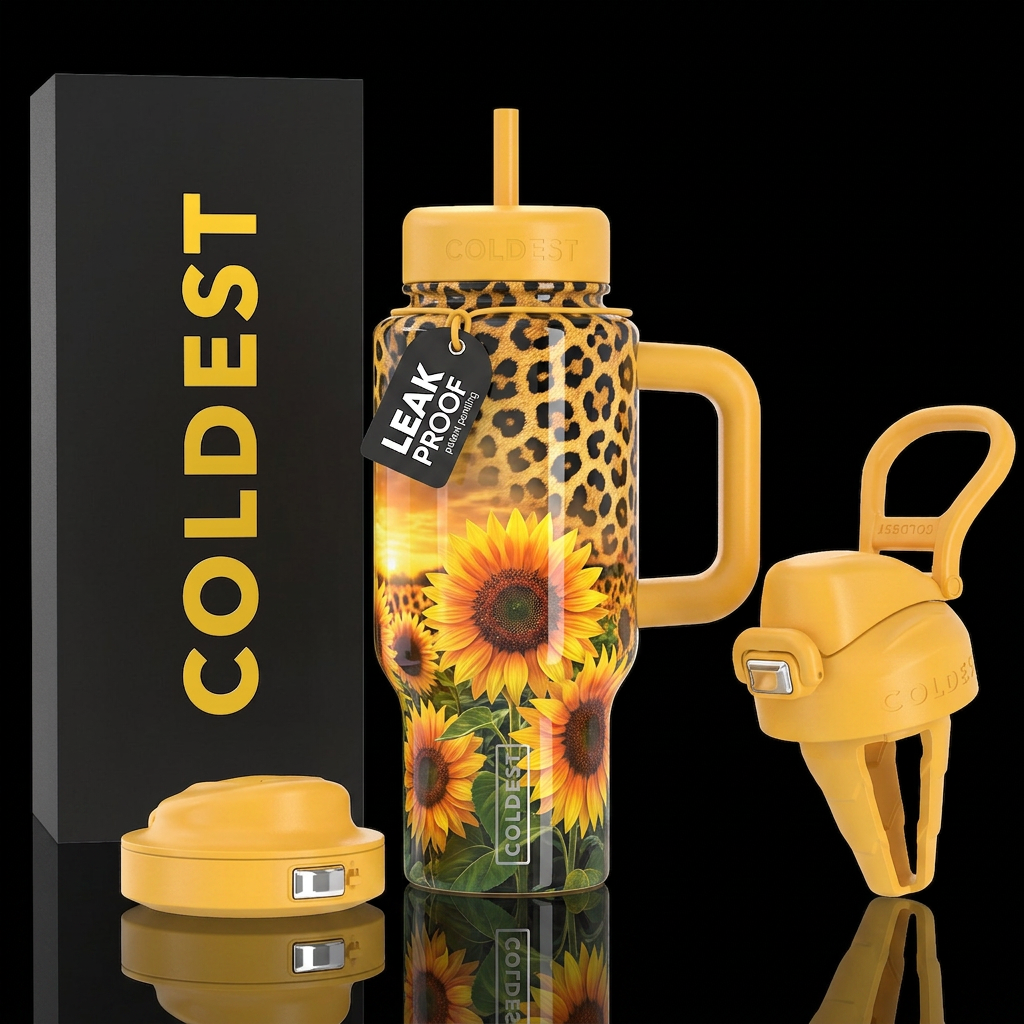 A Leopard sunset background w/ sunflowers, shiny, ... water bottle design