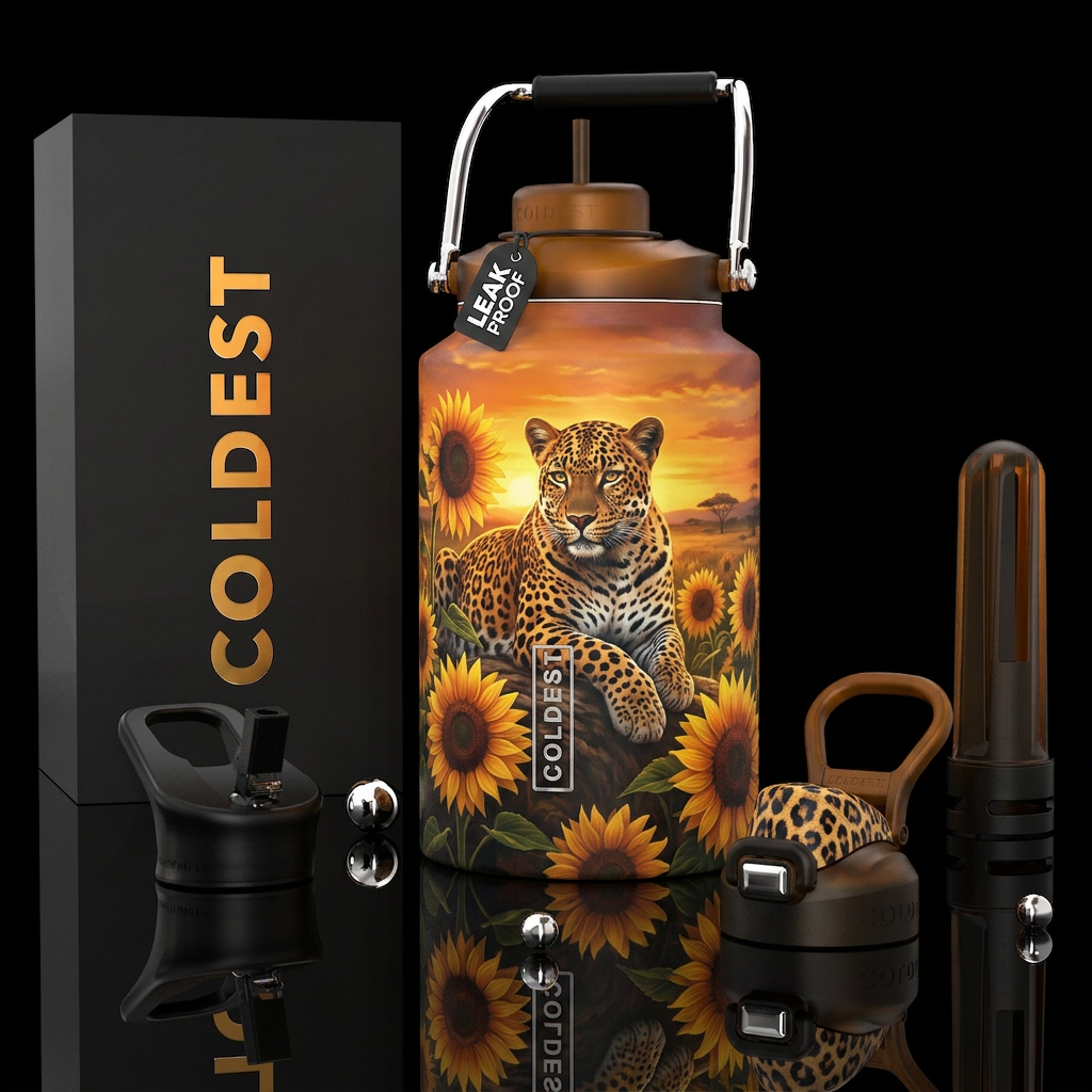 A Leopard with Sunflowers & a sunset in background water bottle design