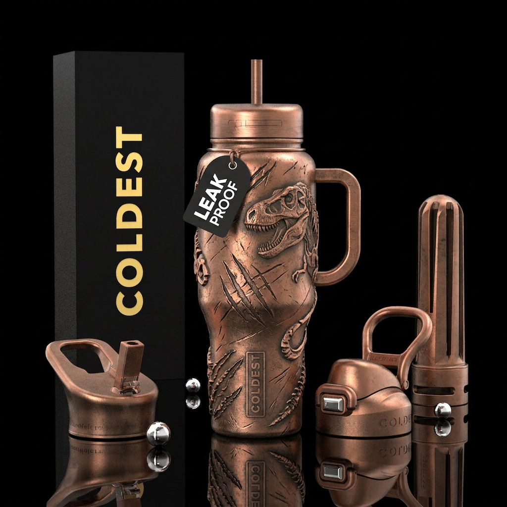 Realistic Dinosaur,  scratches, copper colored water bottle design