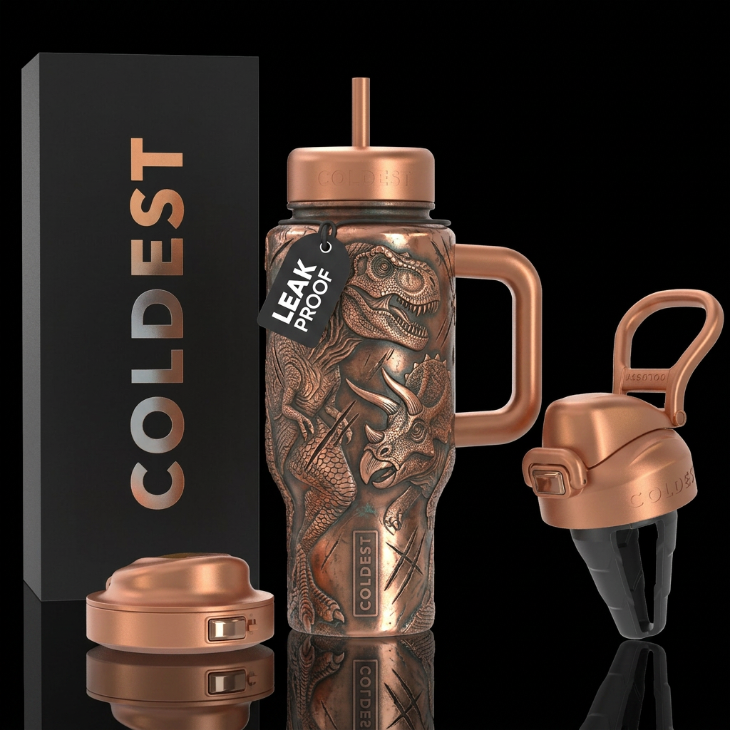 Realistic Dinosaur,  scratches, copper colored water bottle design