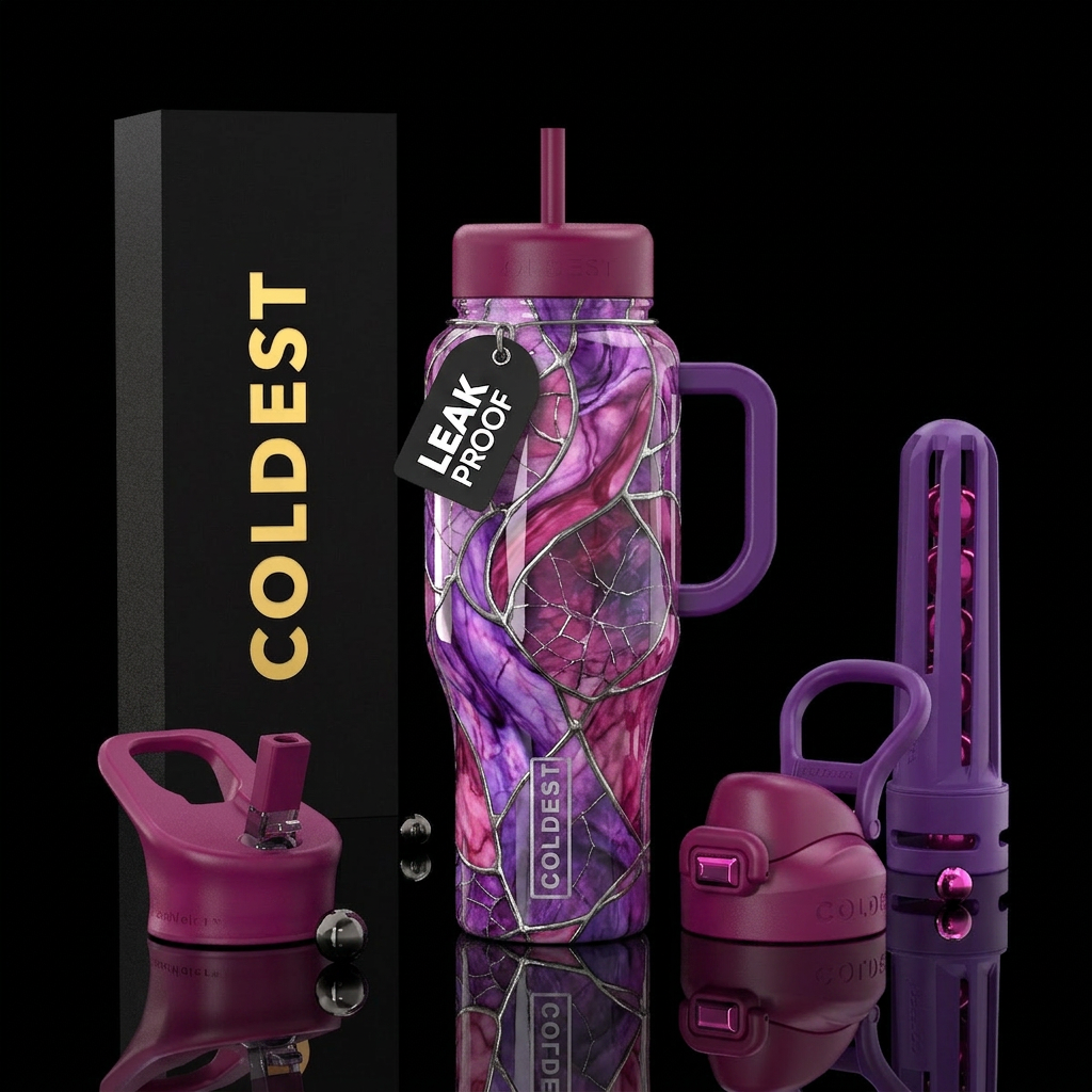 Cracked glass, shiny purple & pink swirl marble st... water bottle design