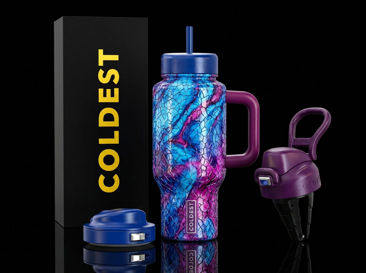 Cracked glass, shiny blue & magenta  swirl marble ... water bottle design